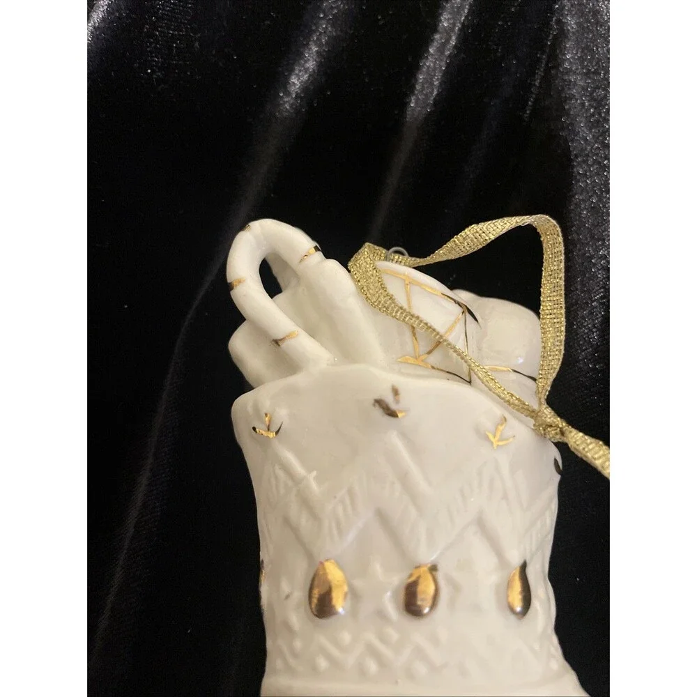 White And Gold Trim Christmas Ornament Porcelain Stocking And Toys Vintage